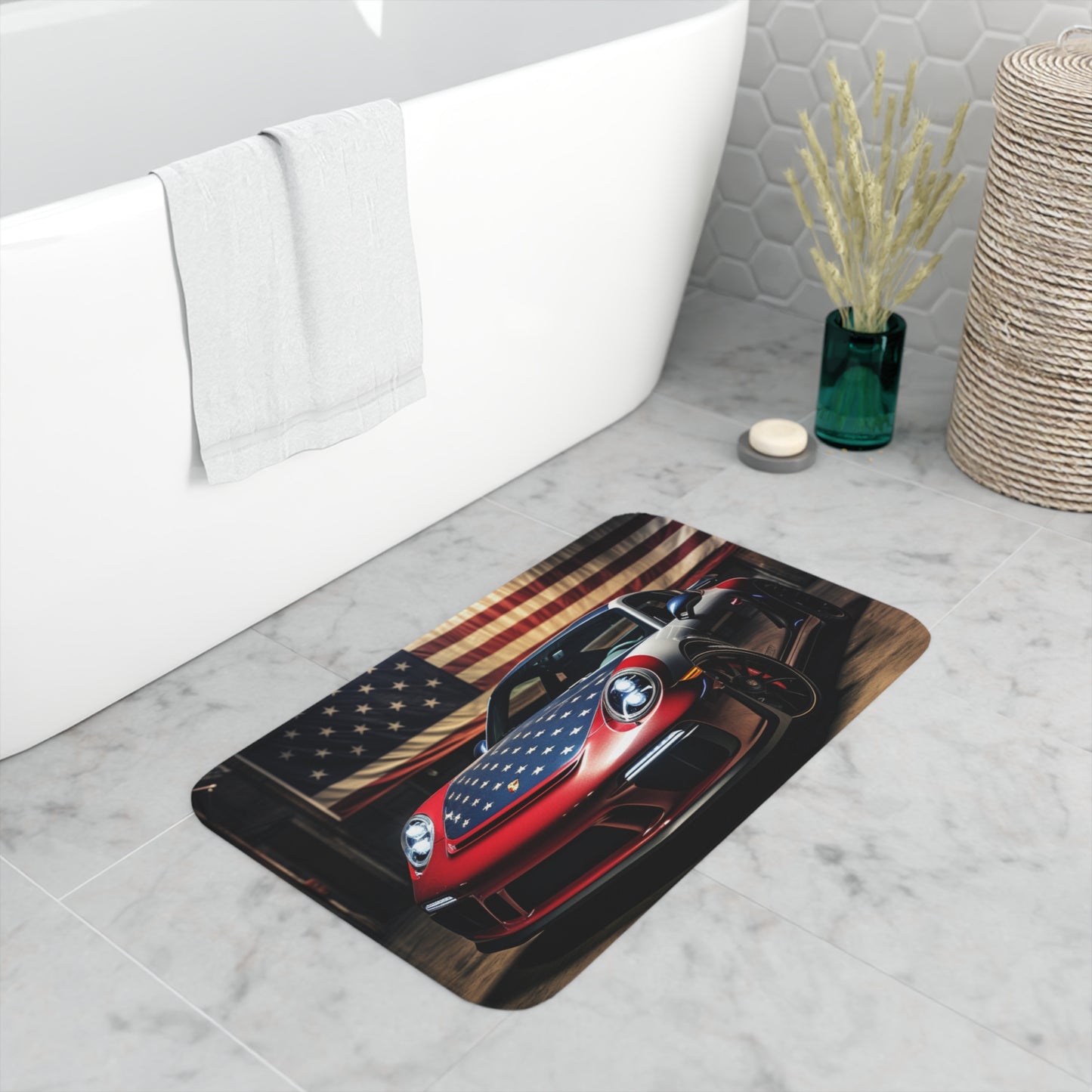Memory Foam Bath Mat American Flag Background Porsche 1