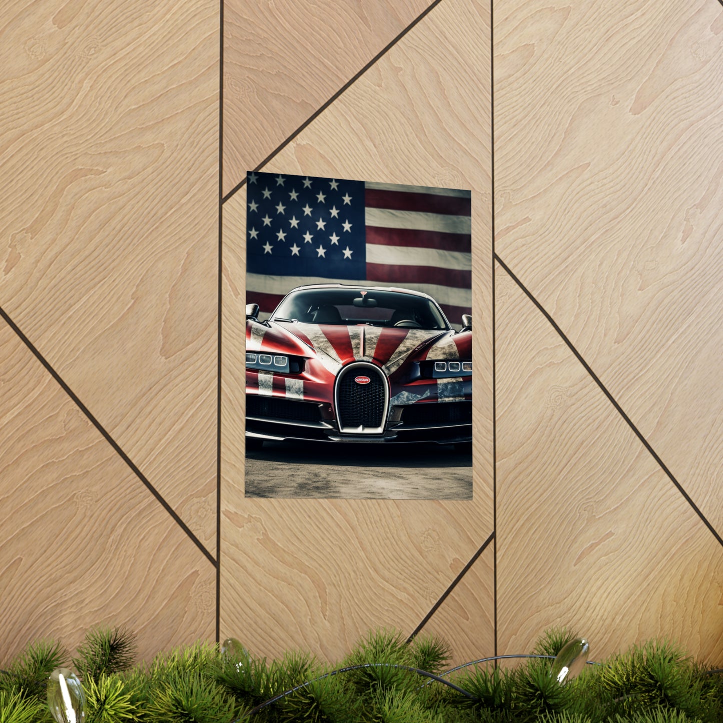 Premium Matte Vertical Posters American Flag Background Bugatti 3