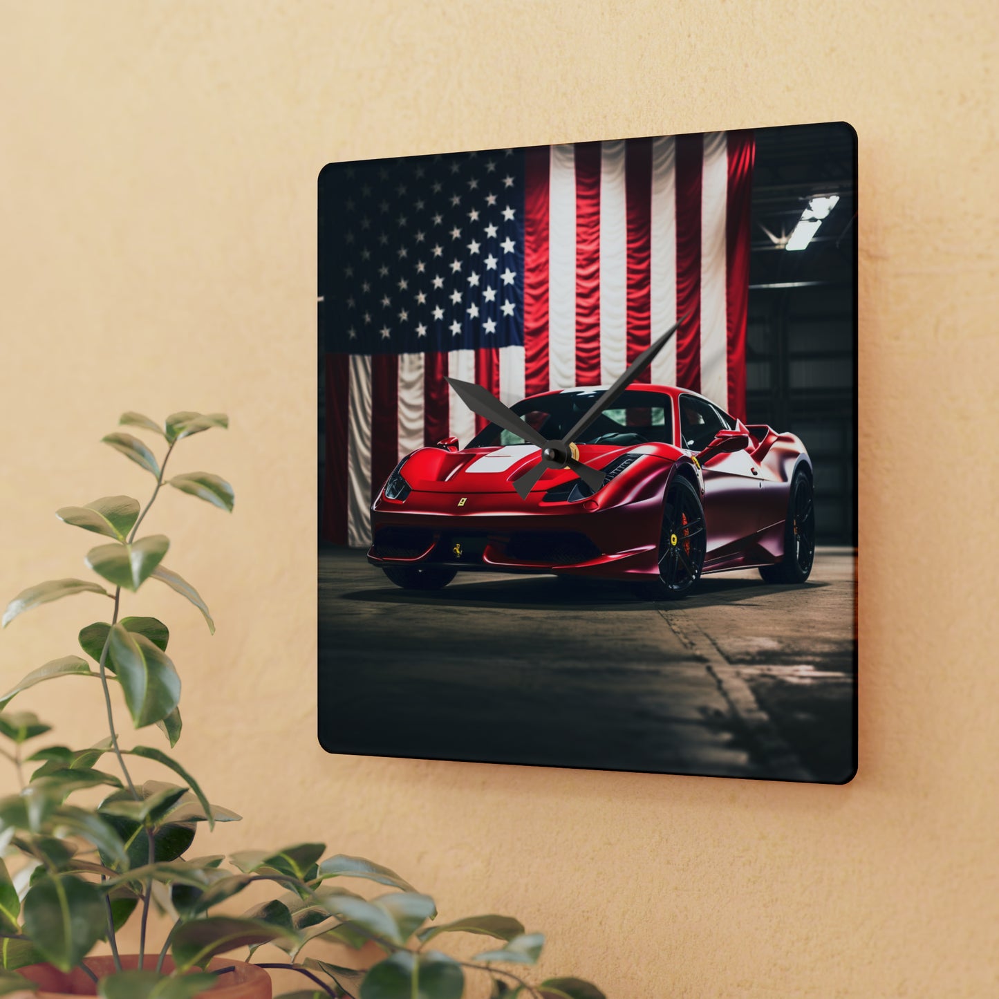 Acrylic Wall Clock American Flag Background Ferrari 3