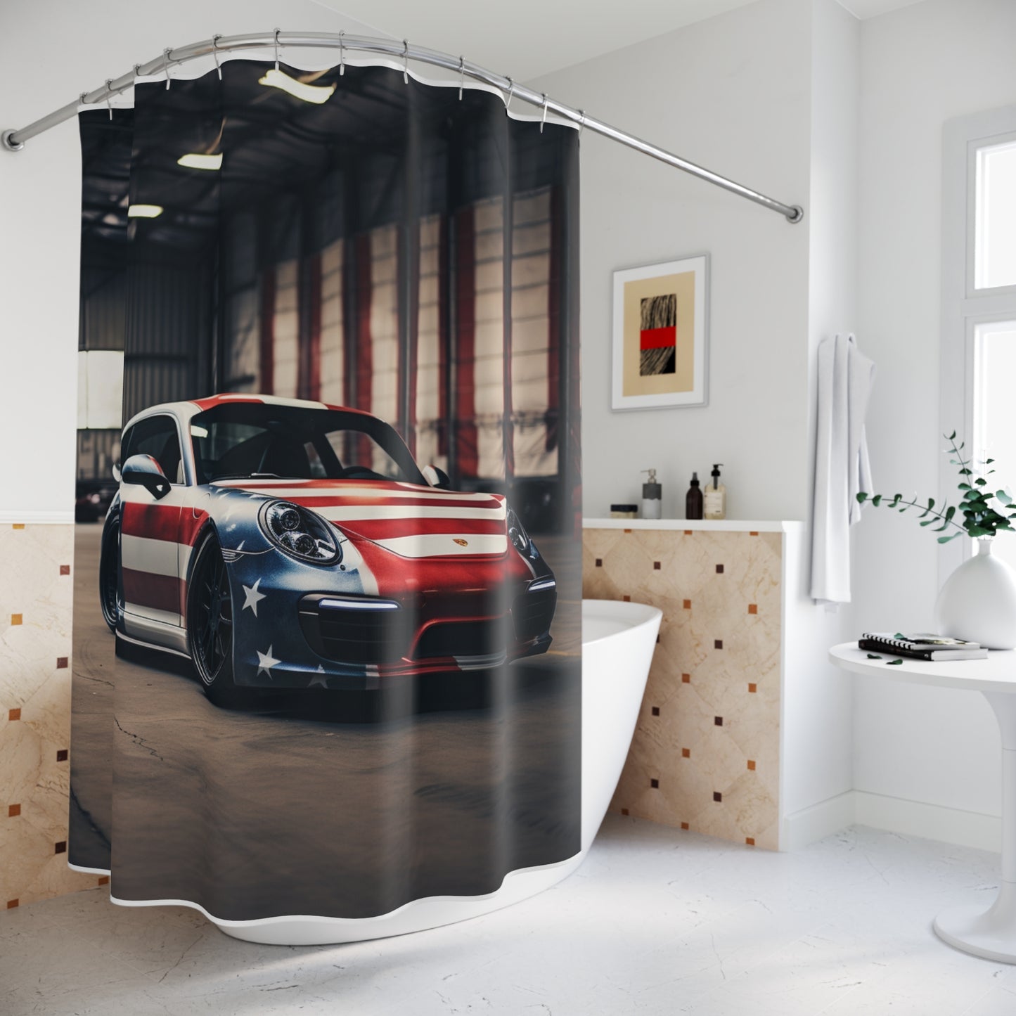 Polyester Shower Curtain American Flag Porsche 2