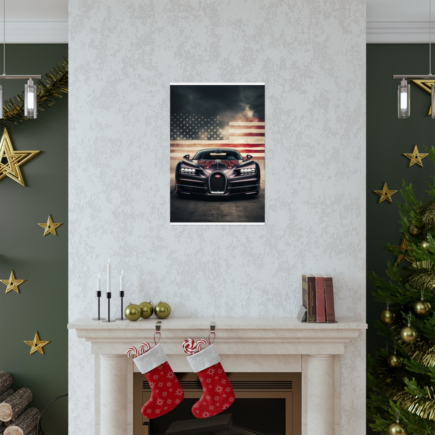 Premium Matte Vertical Posters American Flag Background Bugatti 2