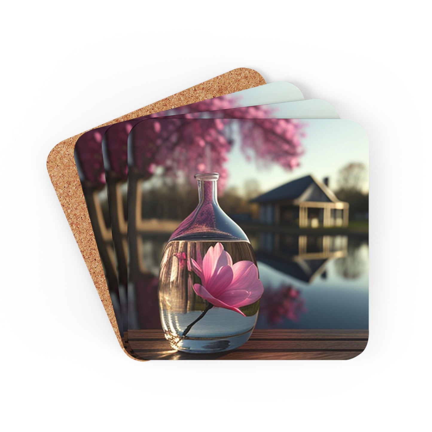 Corkwood Coaster Set Magnolia in a Glass vase 2