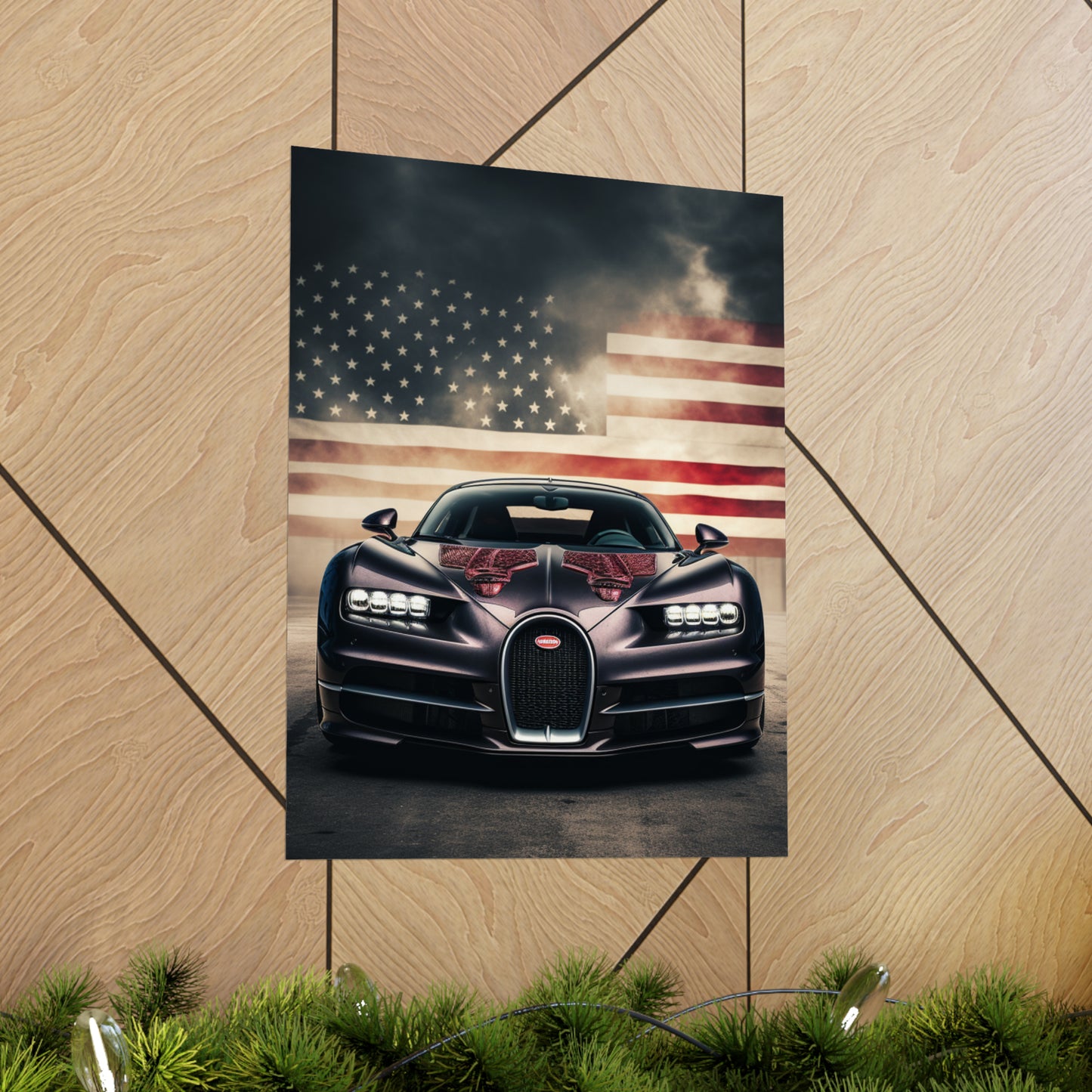 Premium Matte Vertical Posters American Flag Background Bugatti 2