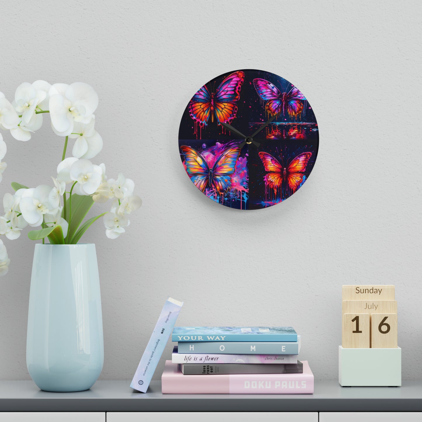 Acrylic Wall Clock Pink Butterfly Flair 5