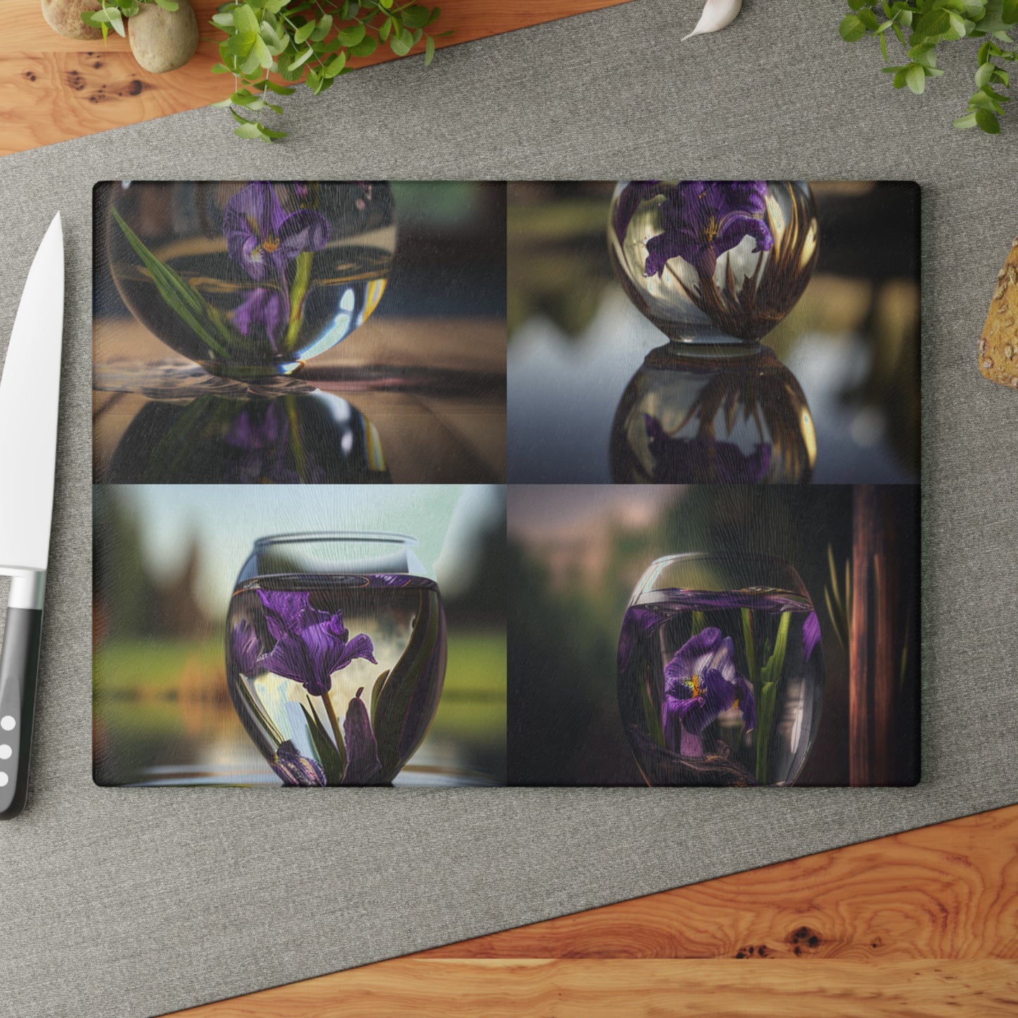 Glass Cutting Board Purple Iris in a vase 5