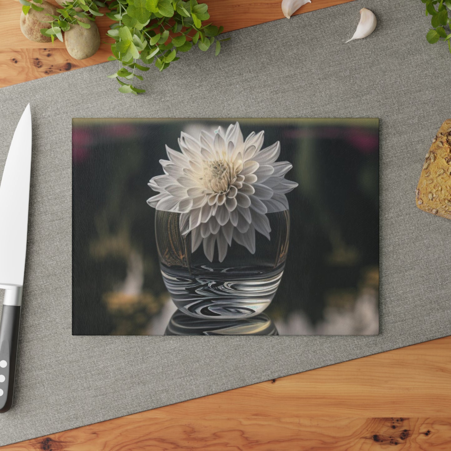 Glass Cutting Board White Dahlia 2