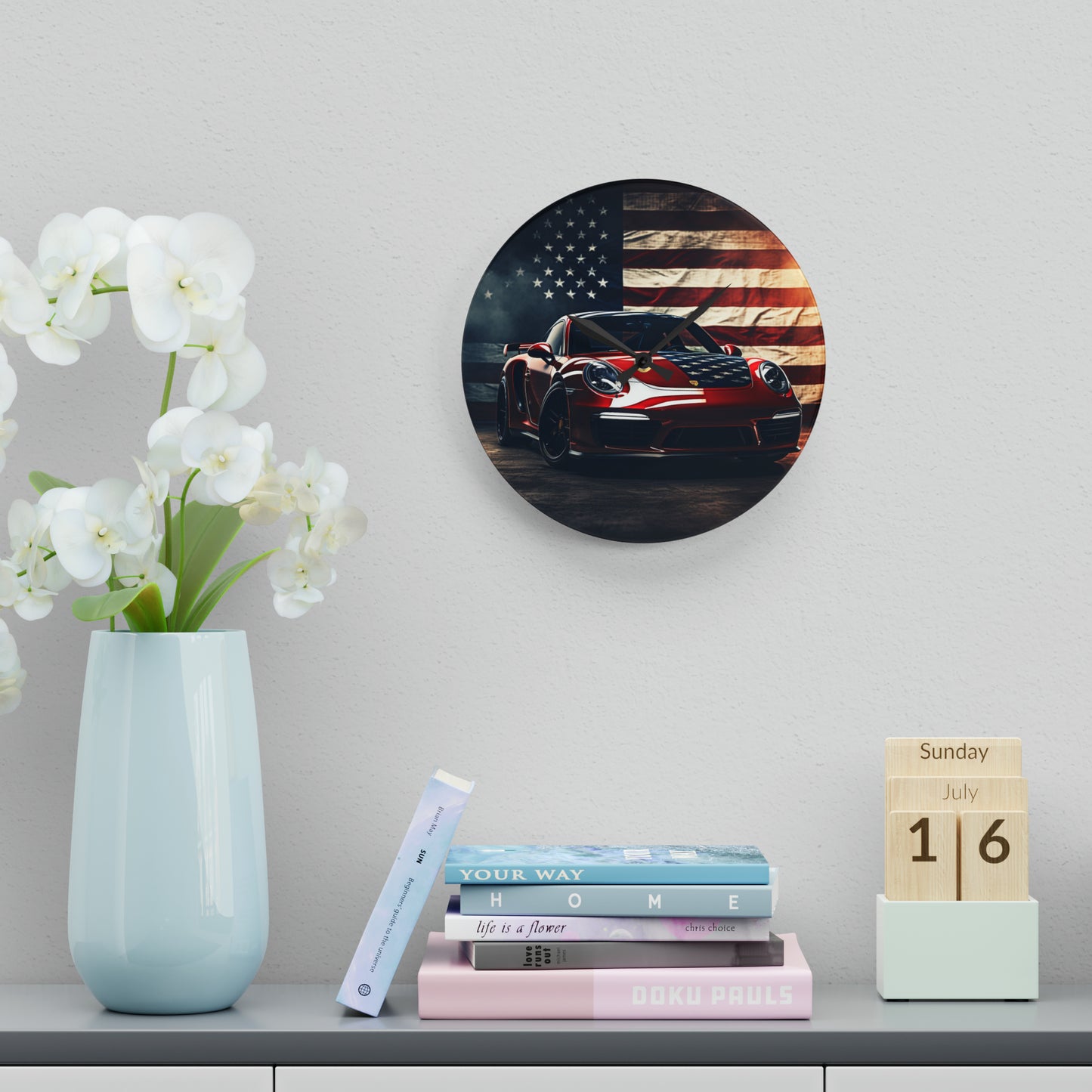 Acrylic Wall Clock American Flag Background Porsche 2