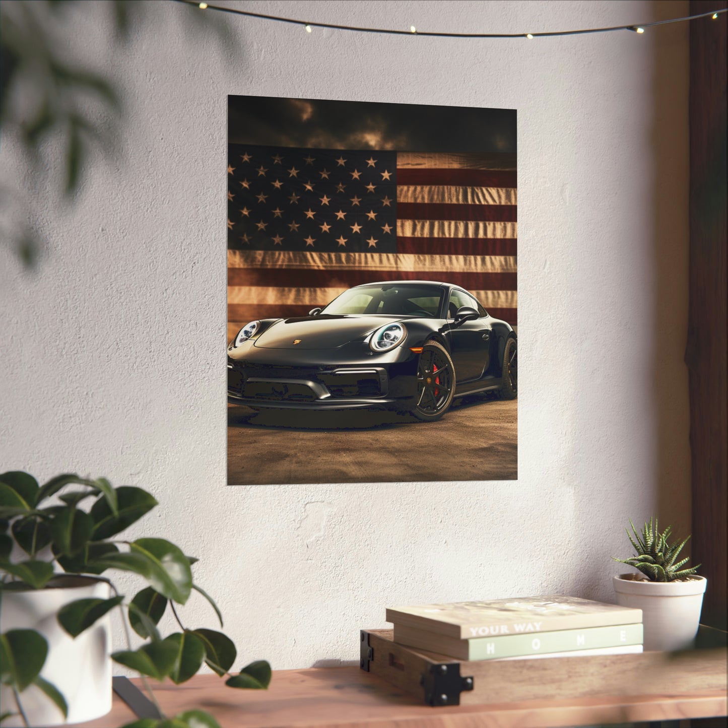 Premium Matte Vertical Posters American Flag Background Porsche 4