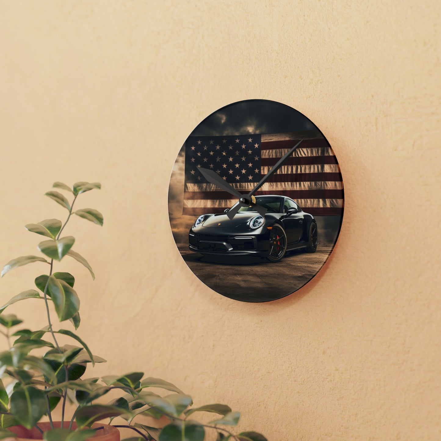 Acrylic Wall Clock American Flag Background Porsche 4