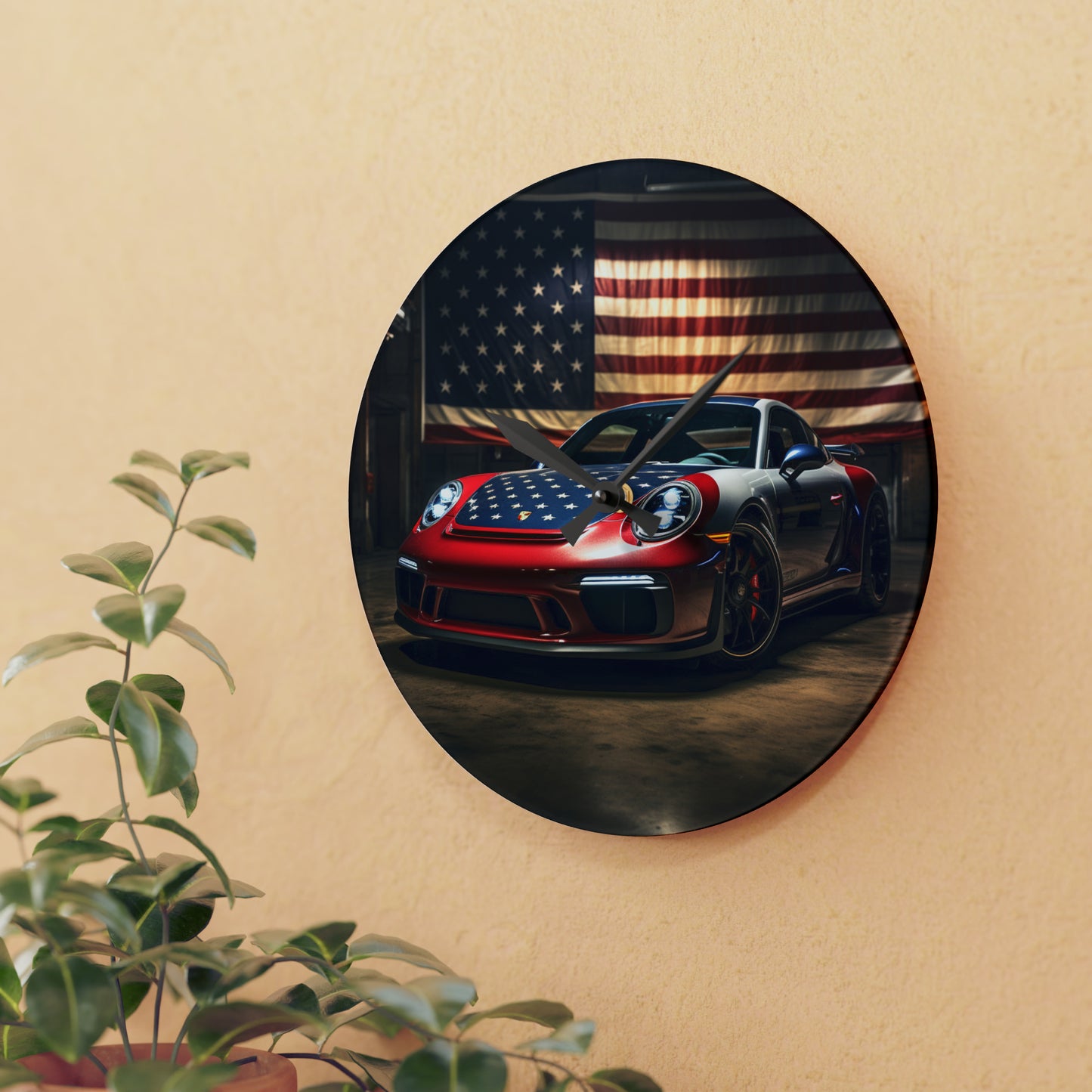 Acrylic Wall Clock American Flag Background Porsche 1