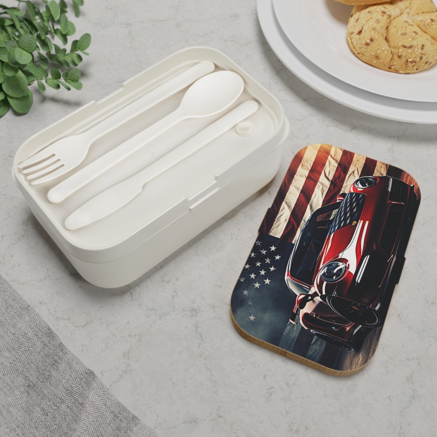 Bento Lunch Box American Flag Background Porsche 2