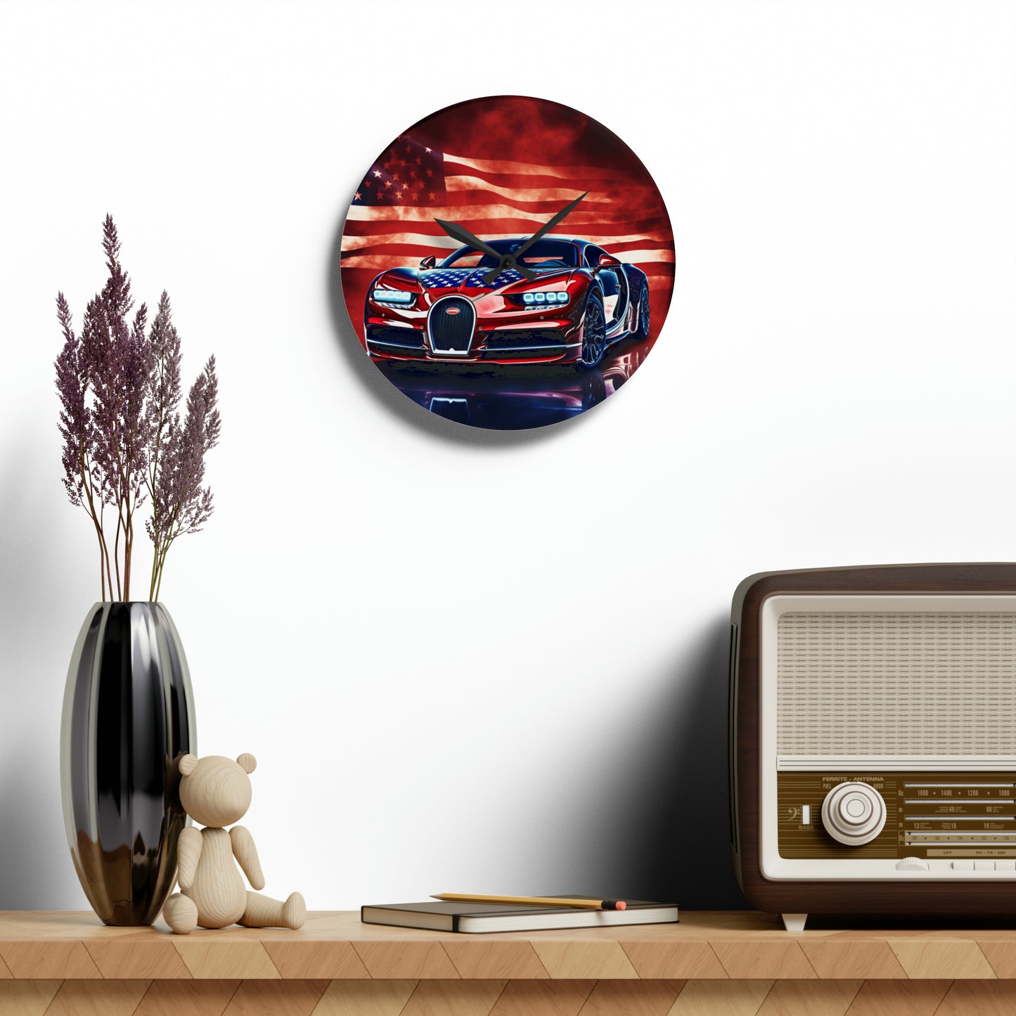 Acrylic Wall Clock Abstract American Flag Background Bugatti 3