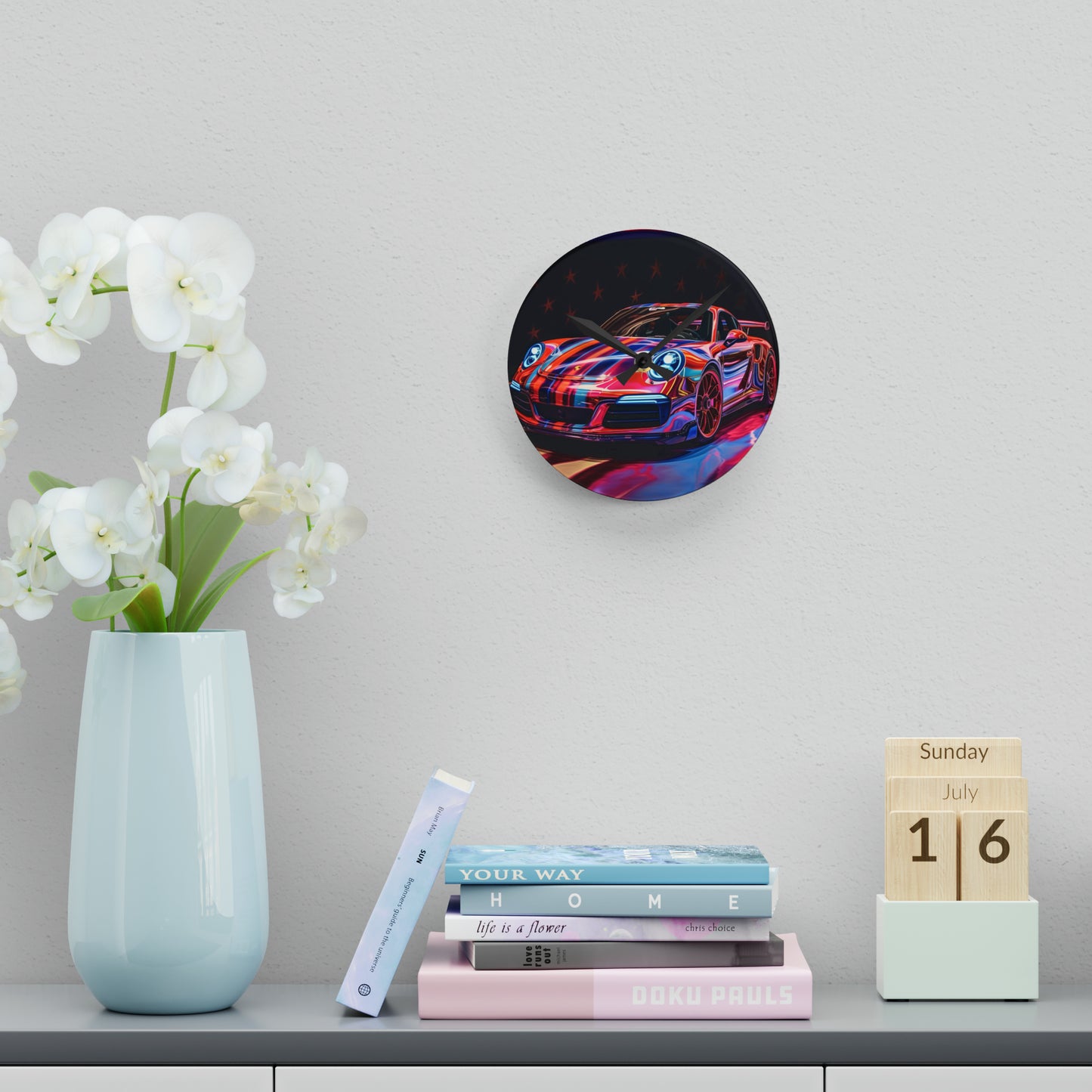 Acrylic Wall Clock American Flag Colored Porsche 3