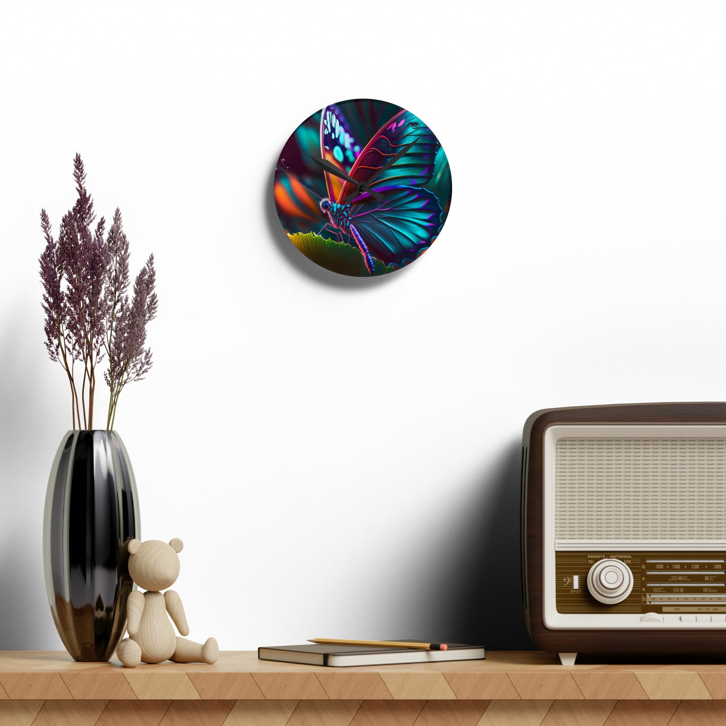 Acrylic Wall Clock Neon Butterfly Macro 1