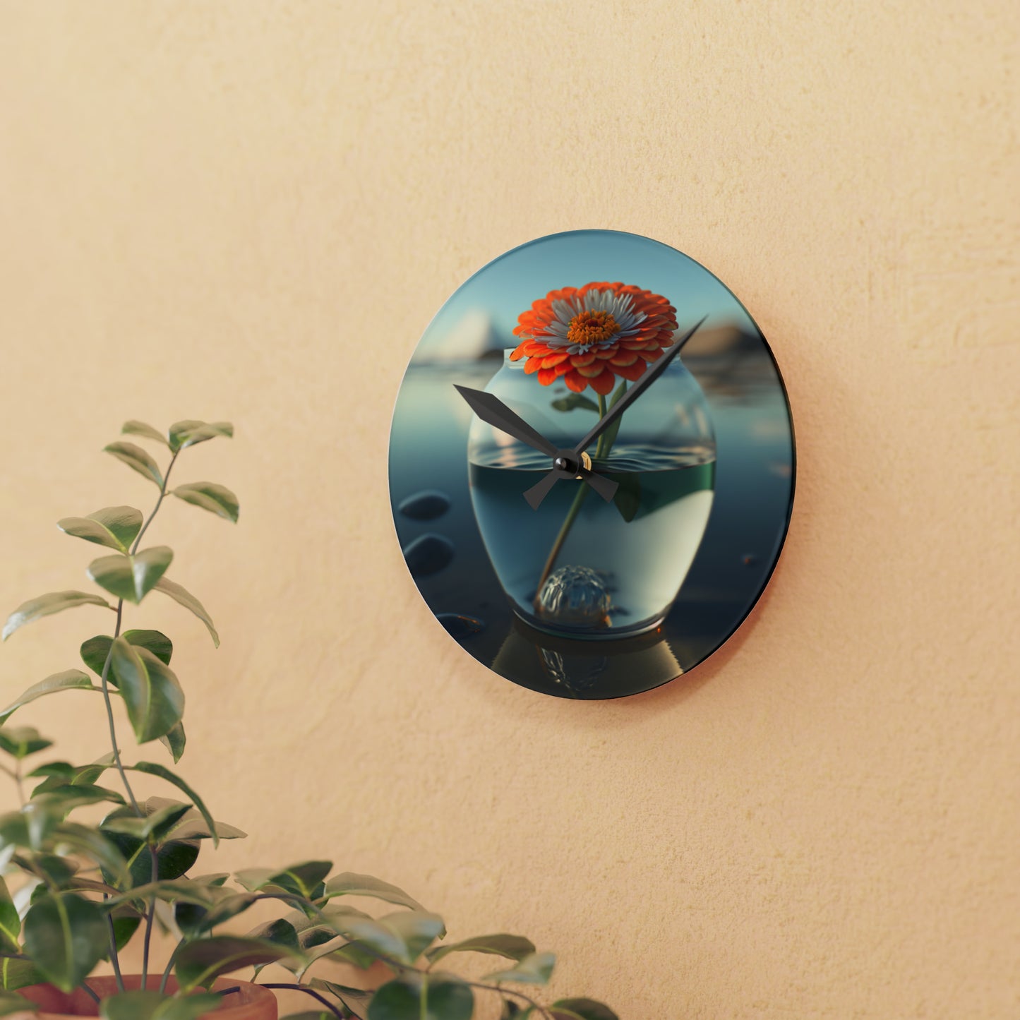 Acrylic Wall Clock Orange Zinnia 3