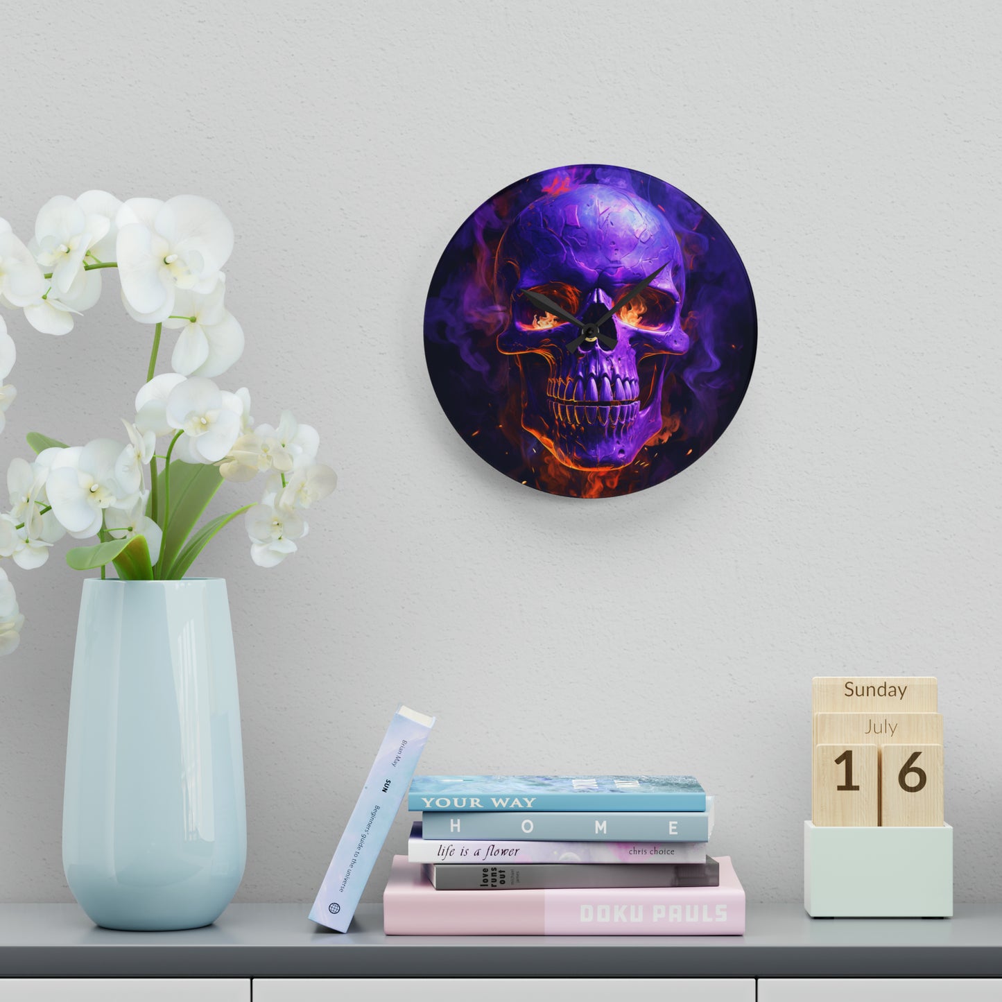 Acrylic Wall Clock Skull Flames 1