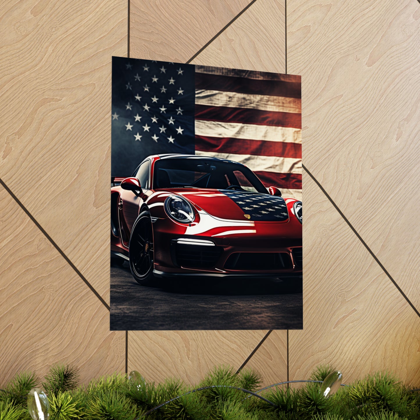Premium Matte Vertical Posters American Flag Background Porsche 2