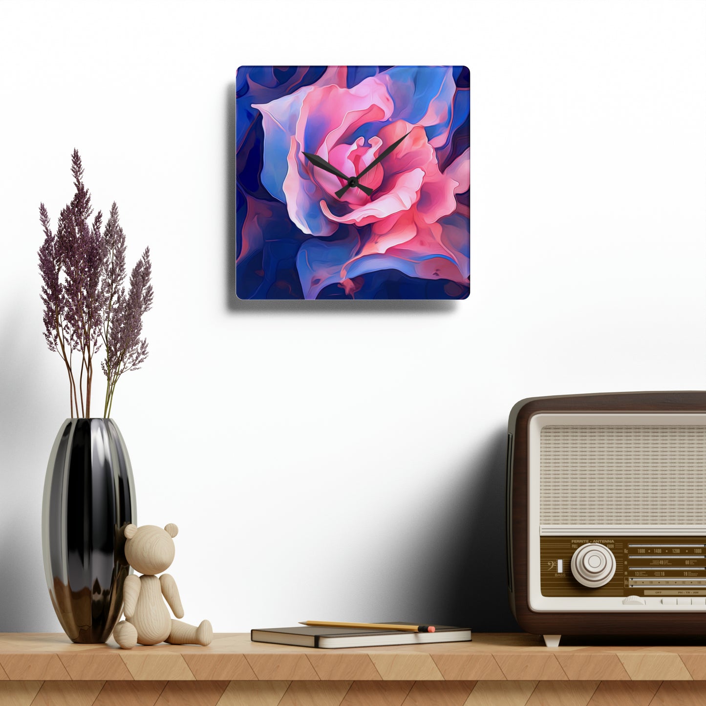 Acrylic Wall Clock Pink & Blue Tulip Rose 1