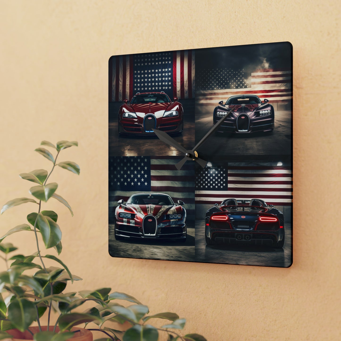 Acrylic Wall Clock American Flag Background Bugatti 5