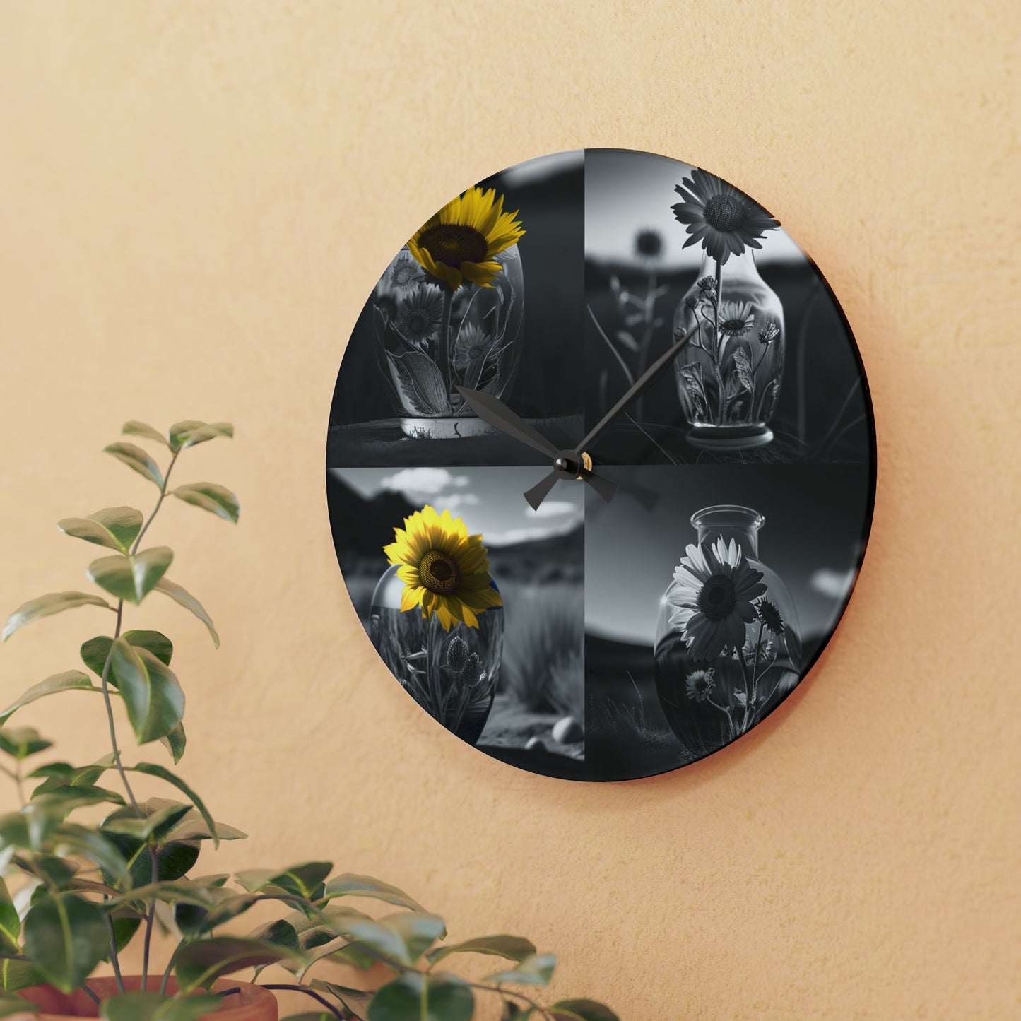 Acrylic Wall Clock Yellw Sunflower in a vase 5
