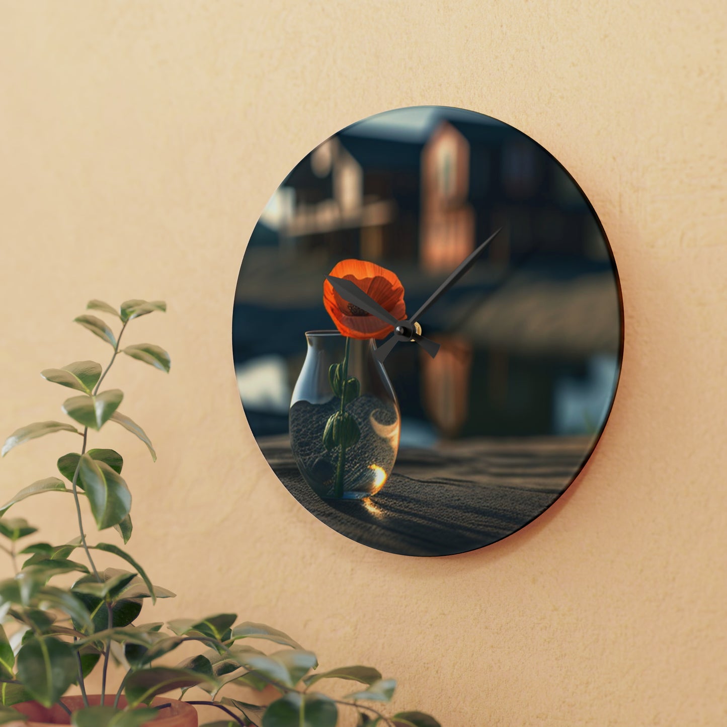 Acrylic Wall Clock Orange Poppy in a Vase 4