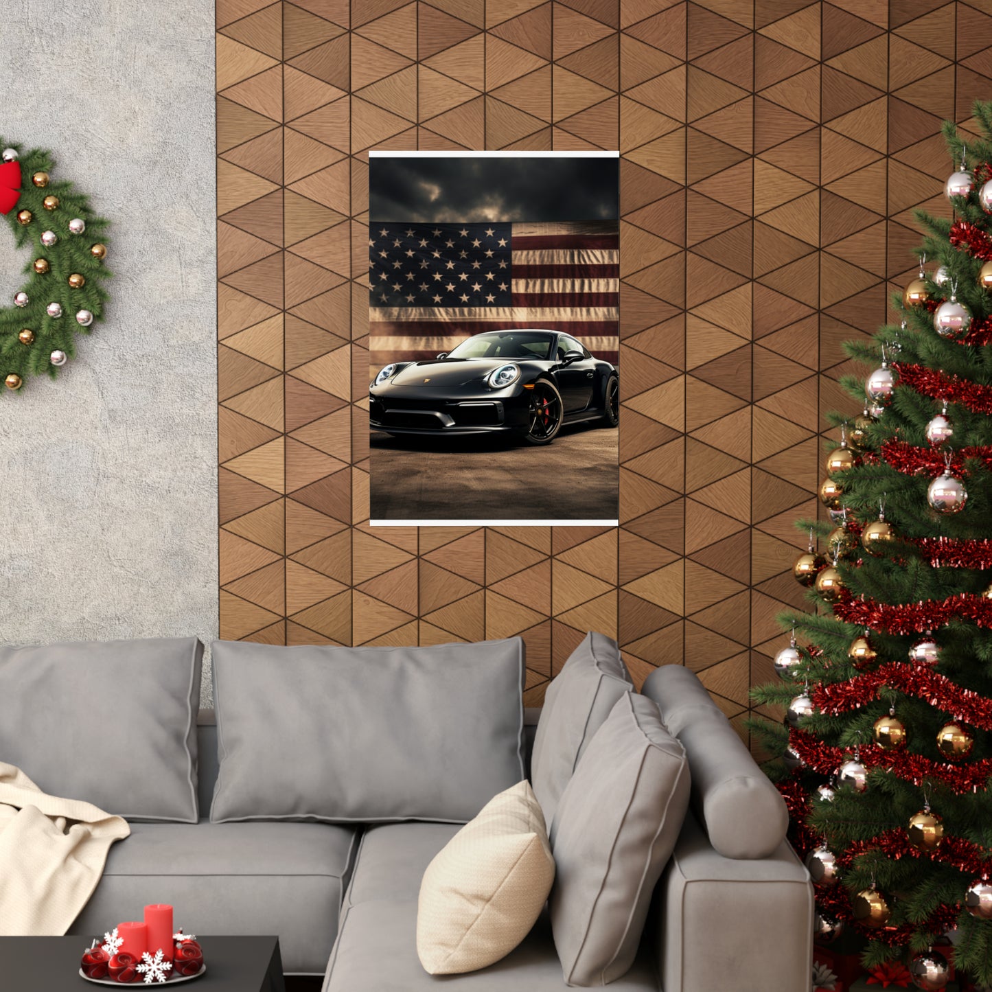 Premium Matte Vertical Posters American Flag Background Porsche 4