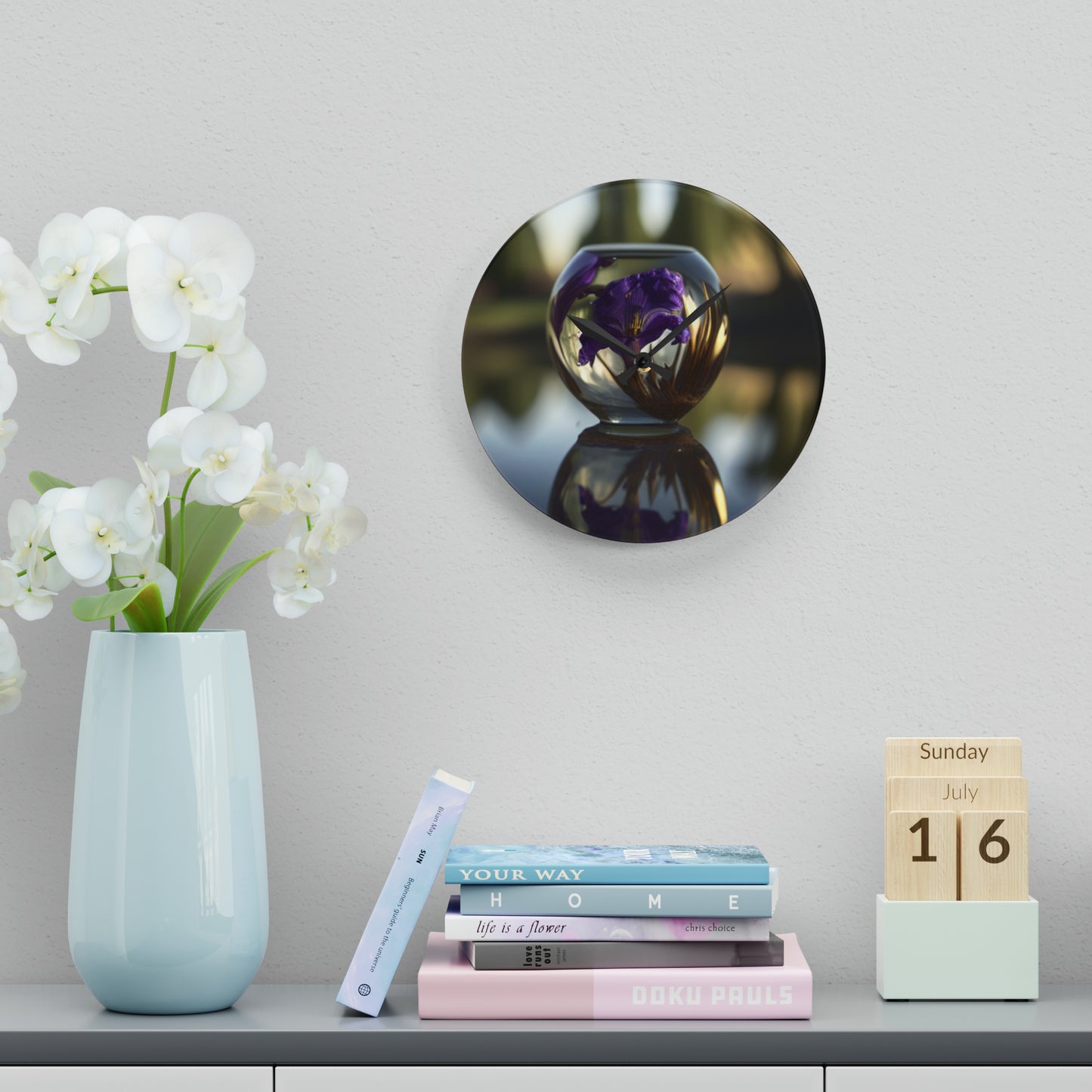 Acrylic Wall Clock Purple Iris in a vase 2