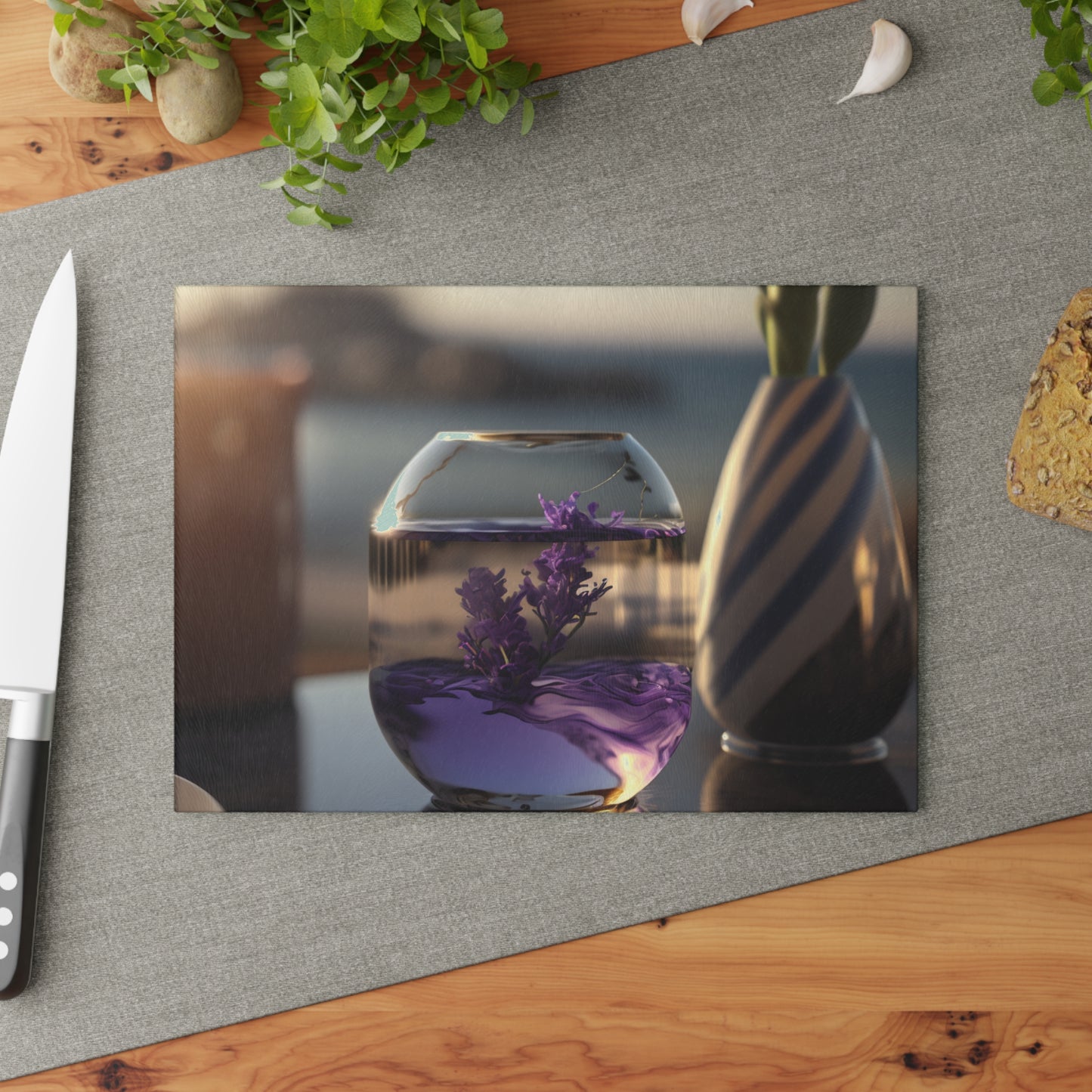 Glass Cutting Board Lavender in a vase 1