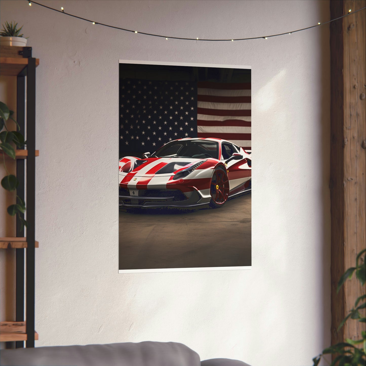 Premium Matte Vertical Posters American Flag Background Ferrari 2