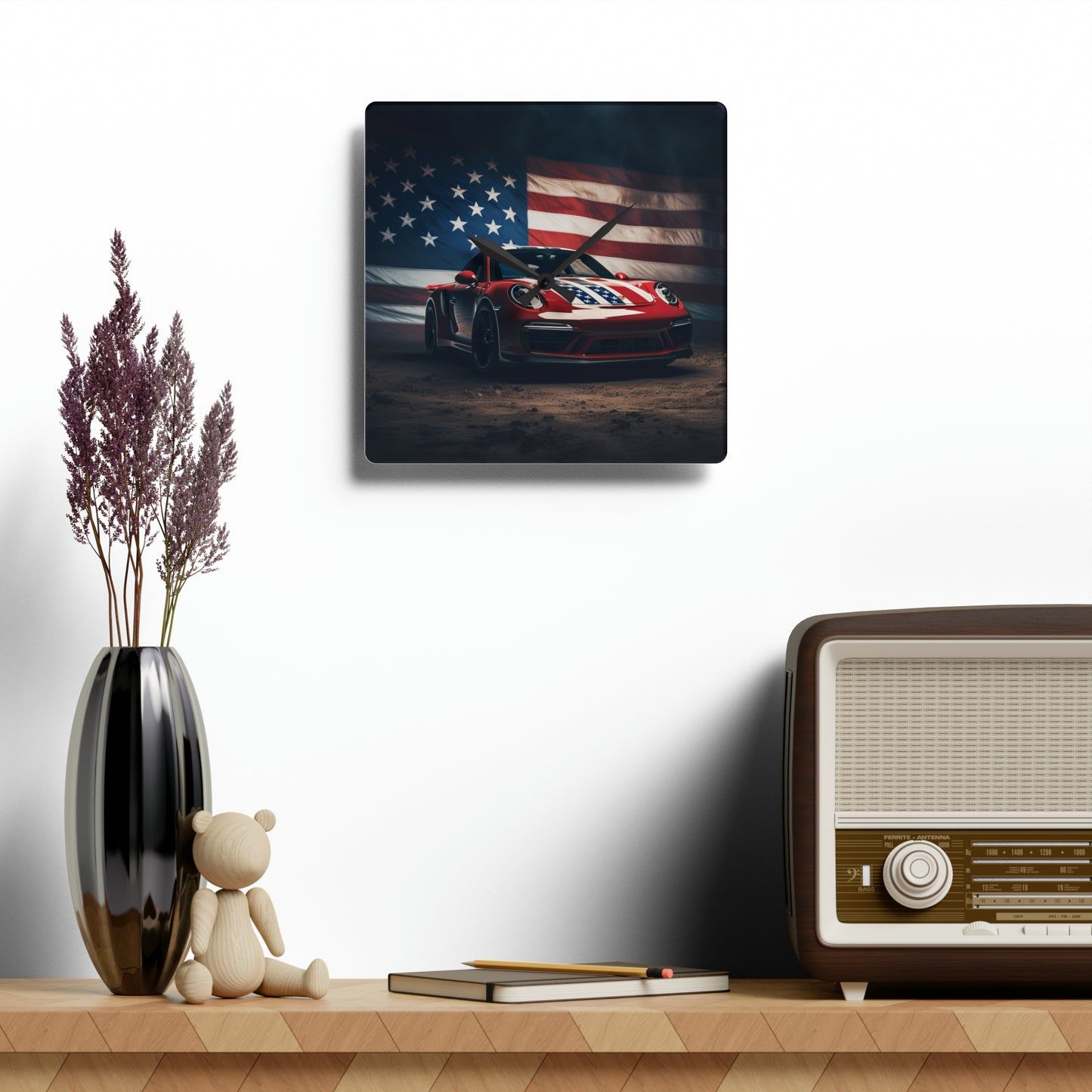 Acrylic Wall Clock American Flag Background Porsche 3