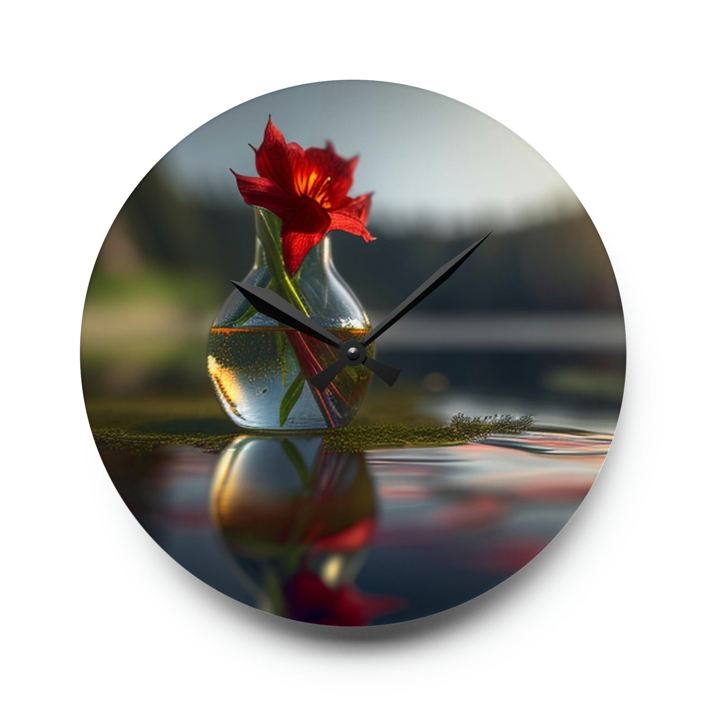 Acrylic Wall Clock Red Lily in a Glass vase 3