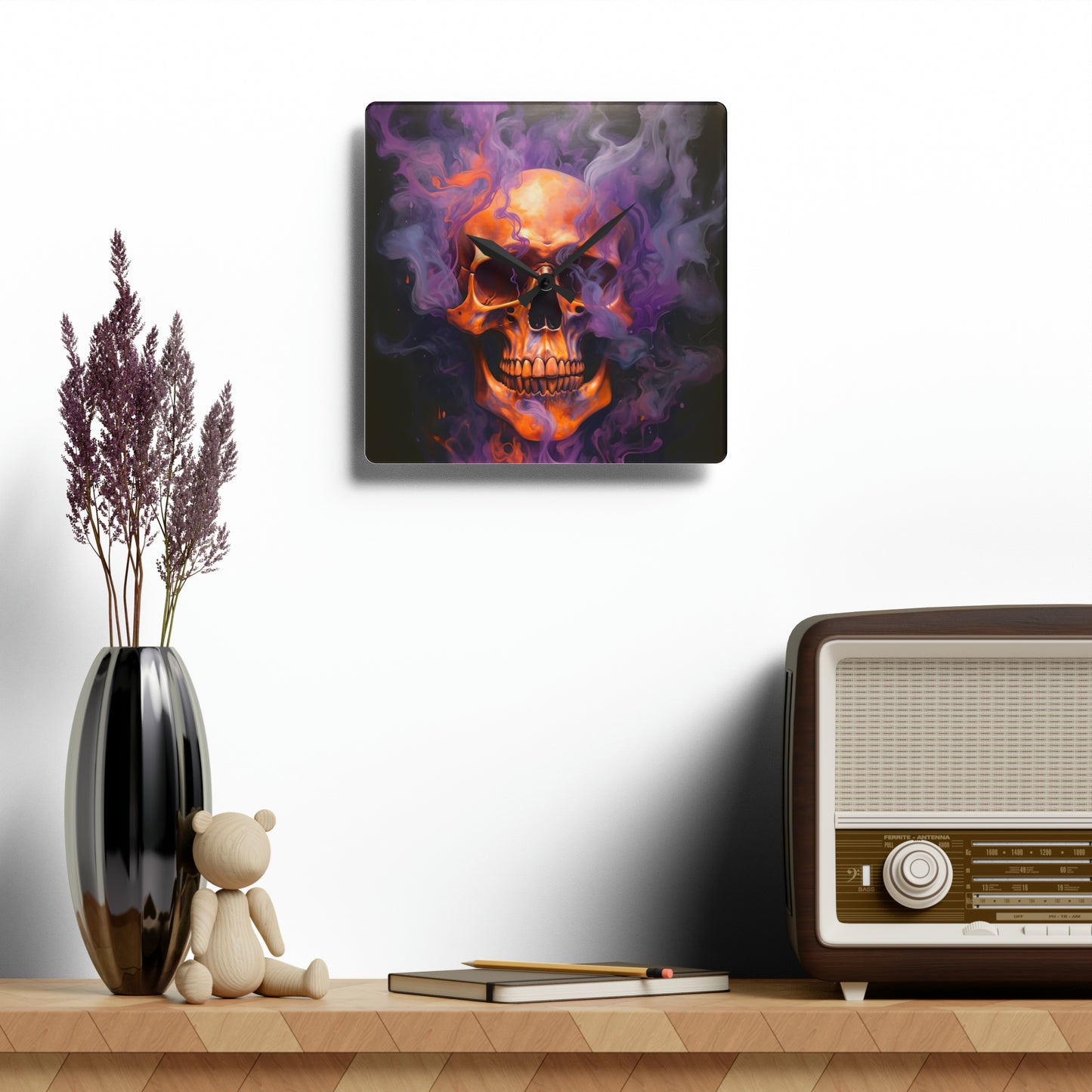 Acrylic Wall Clock Skull Flames 4