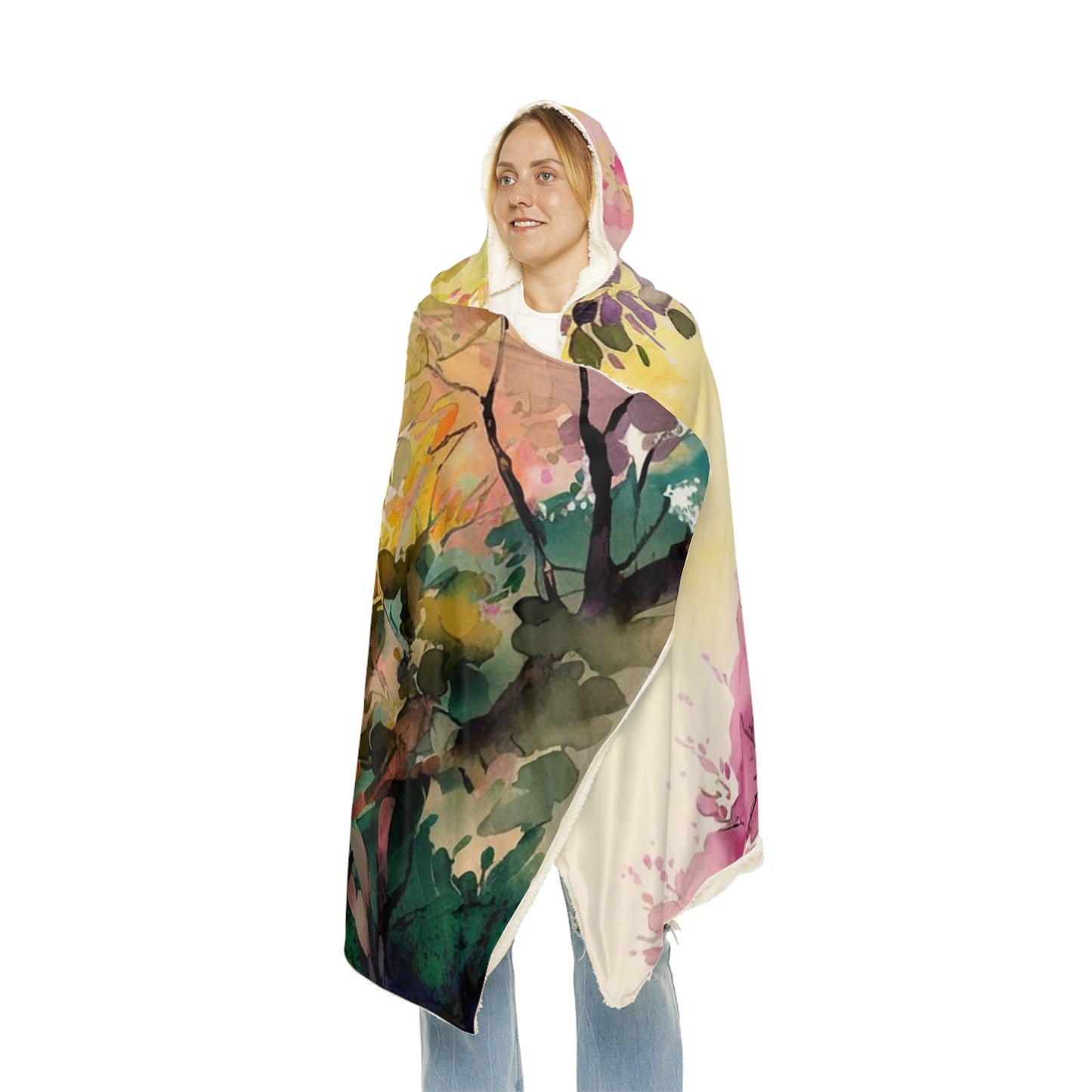 Snuggle Hooded Blanket Mother Nature Bright Spring Colors Realistic Watercolor 2