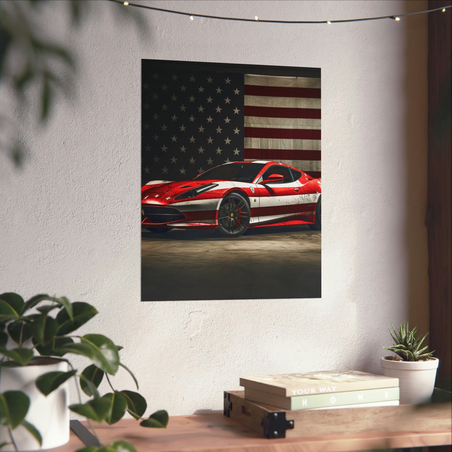 Premium Matte Vertical Posters American Flag Background Ferrari 1