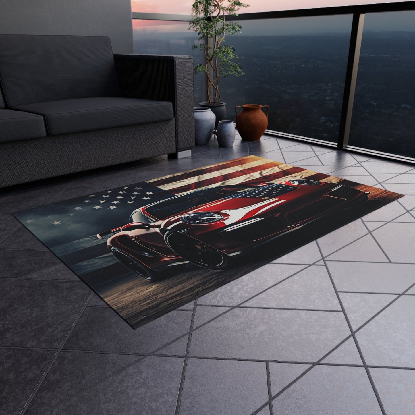 Outdoor Rug  American Flag Background Porsche 2