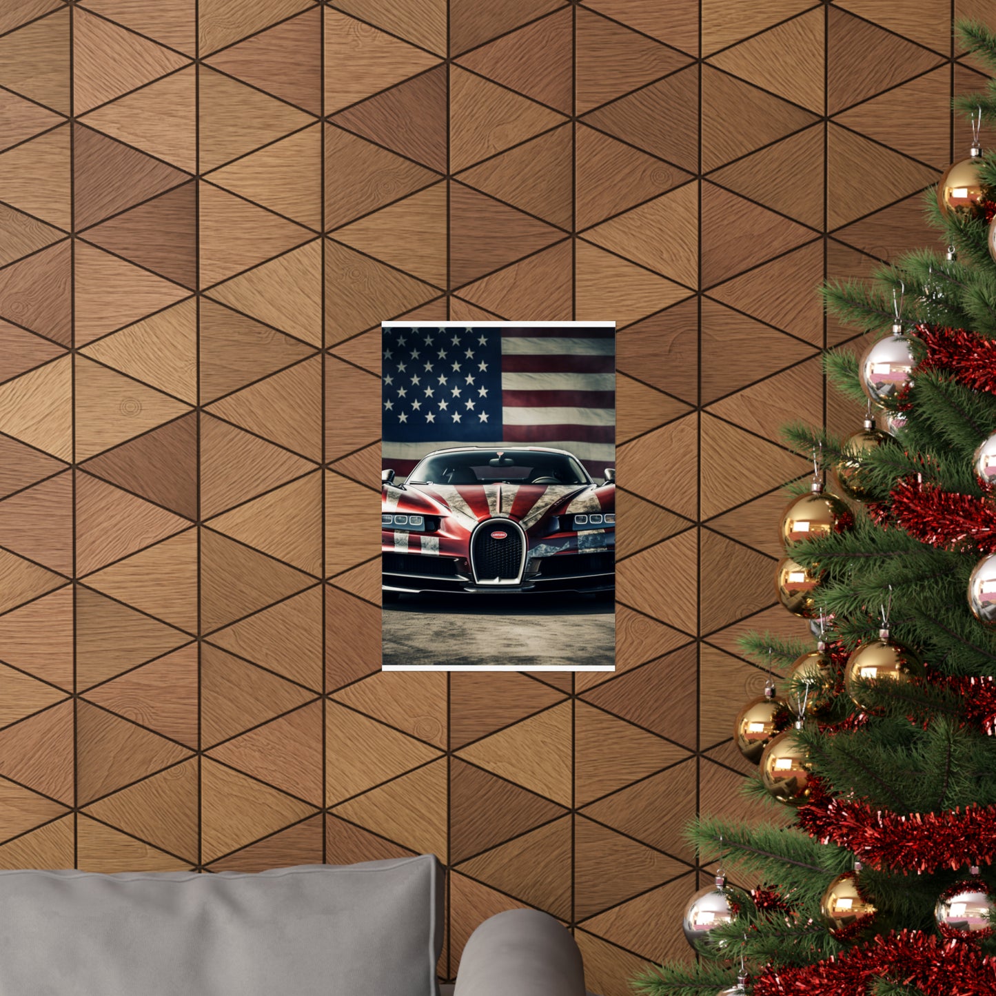 Premium Matte Vertical Posters American Flag Background Bugatti 3