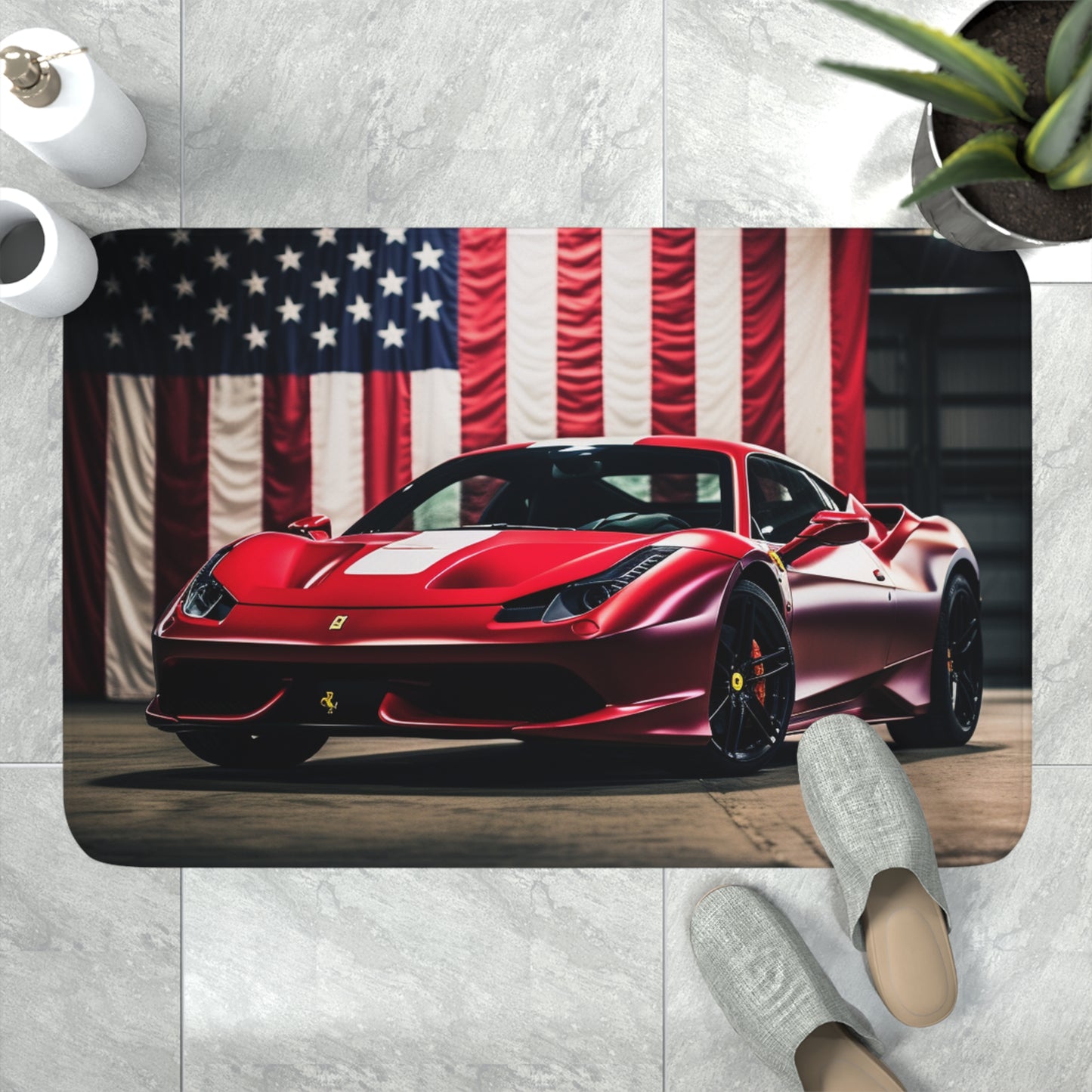 Memory Foam Bath Mat American Flag Background Ferrari 3