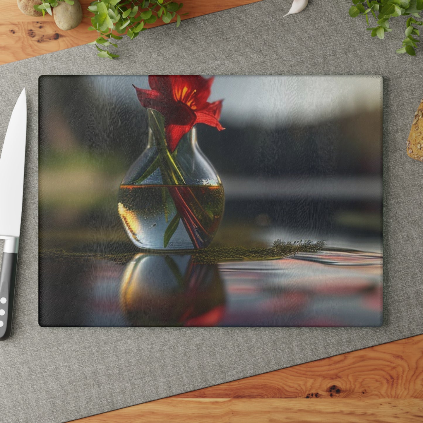 Glass Cutting Board Red Lily in a Glass vase 3