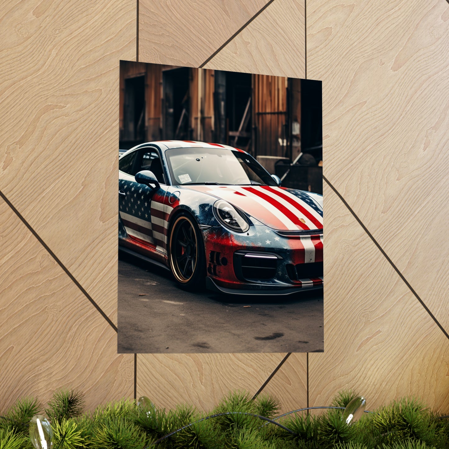 Premium Matte Vertical Posters American Flag Porsche 3