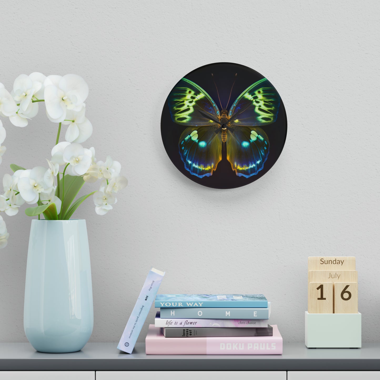 Acrylic Wall Clock Neon Hue Butterfly 1