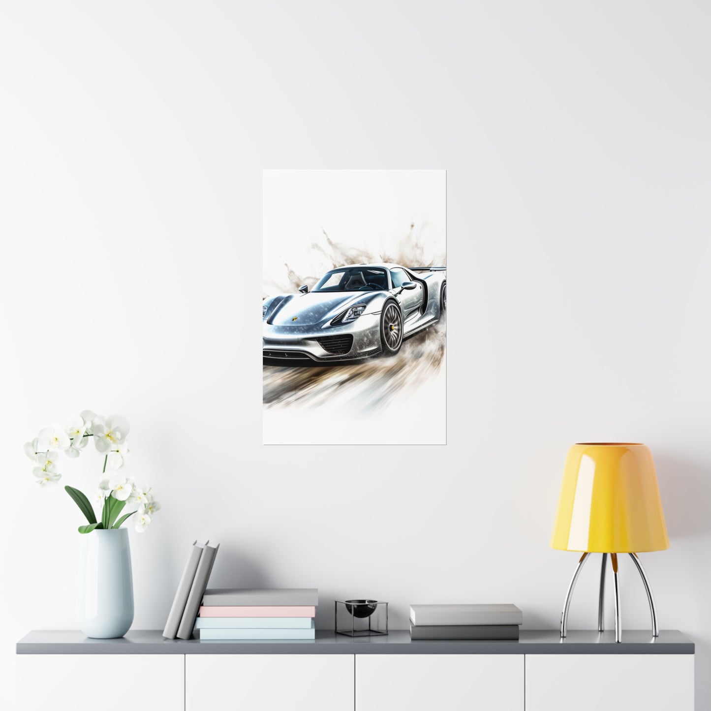 Premium Matte Vertical Posters 918 Spyder white background driving fast with water splashing 2