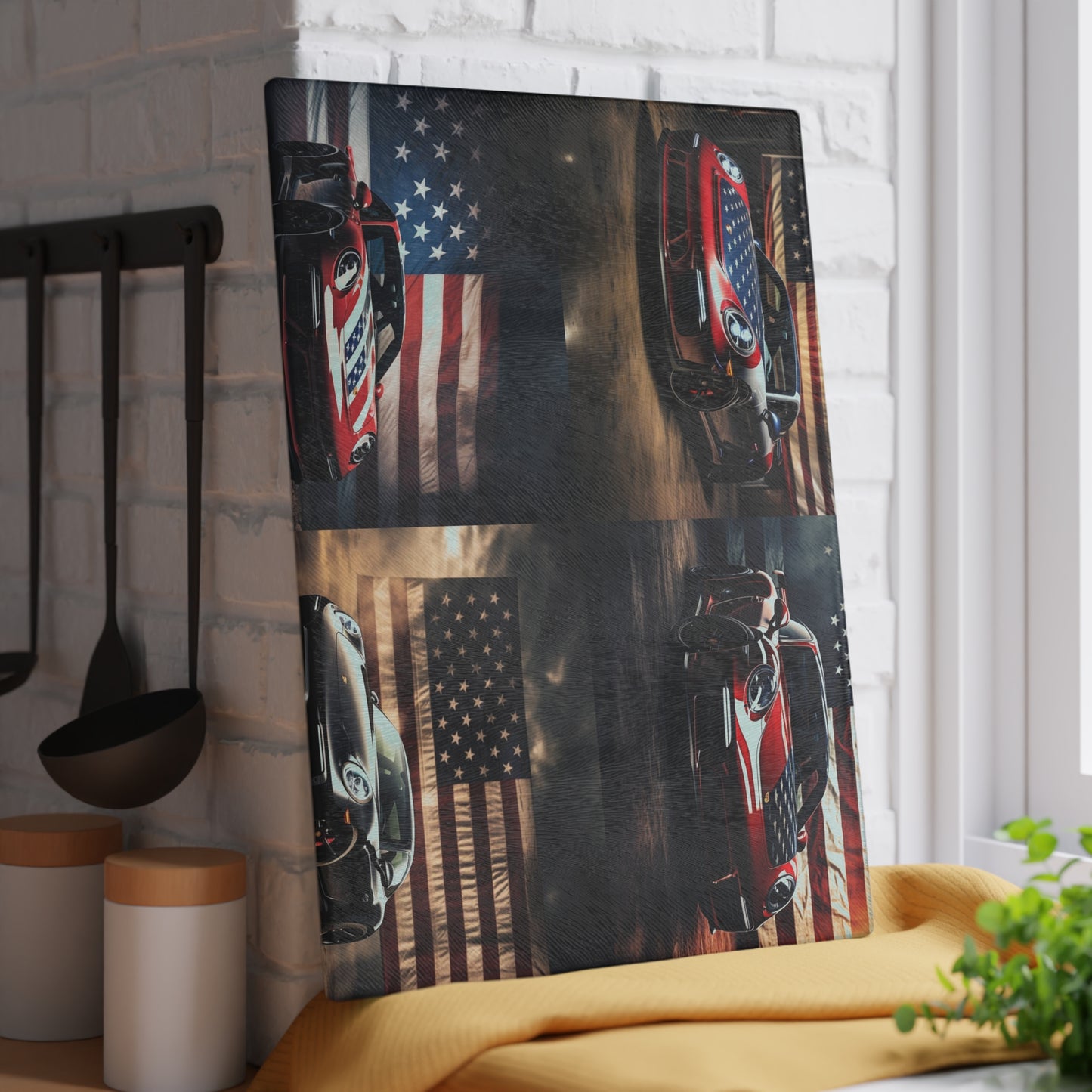 Glass Cutting Board American Flag Background Porsche 5