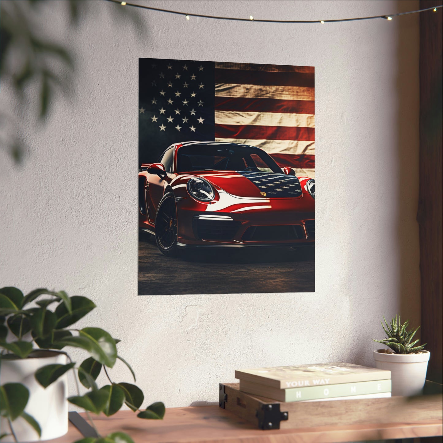 Premium Matte Vertical Posters American Flag Background Porsche 2