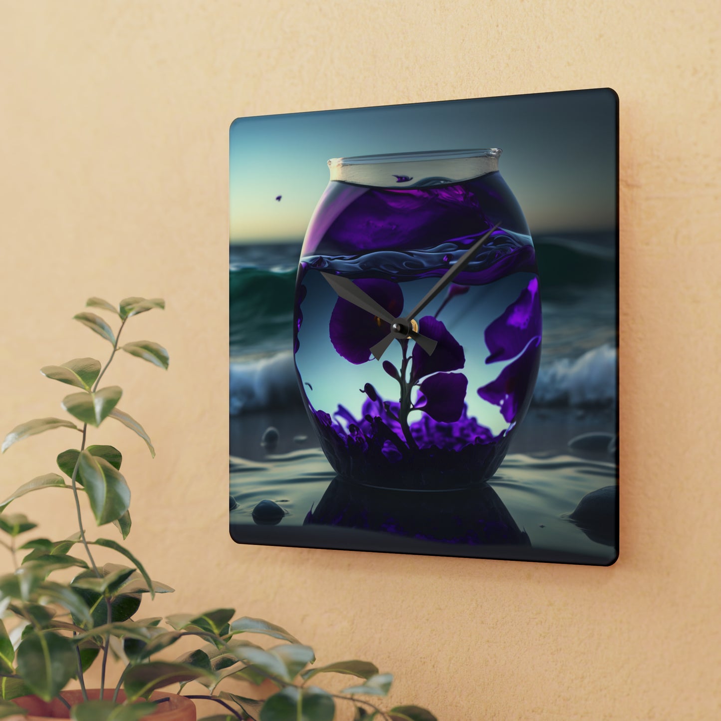 Acrylic Wall Clock Purple Sweet pea in a vase 4