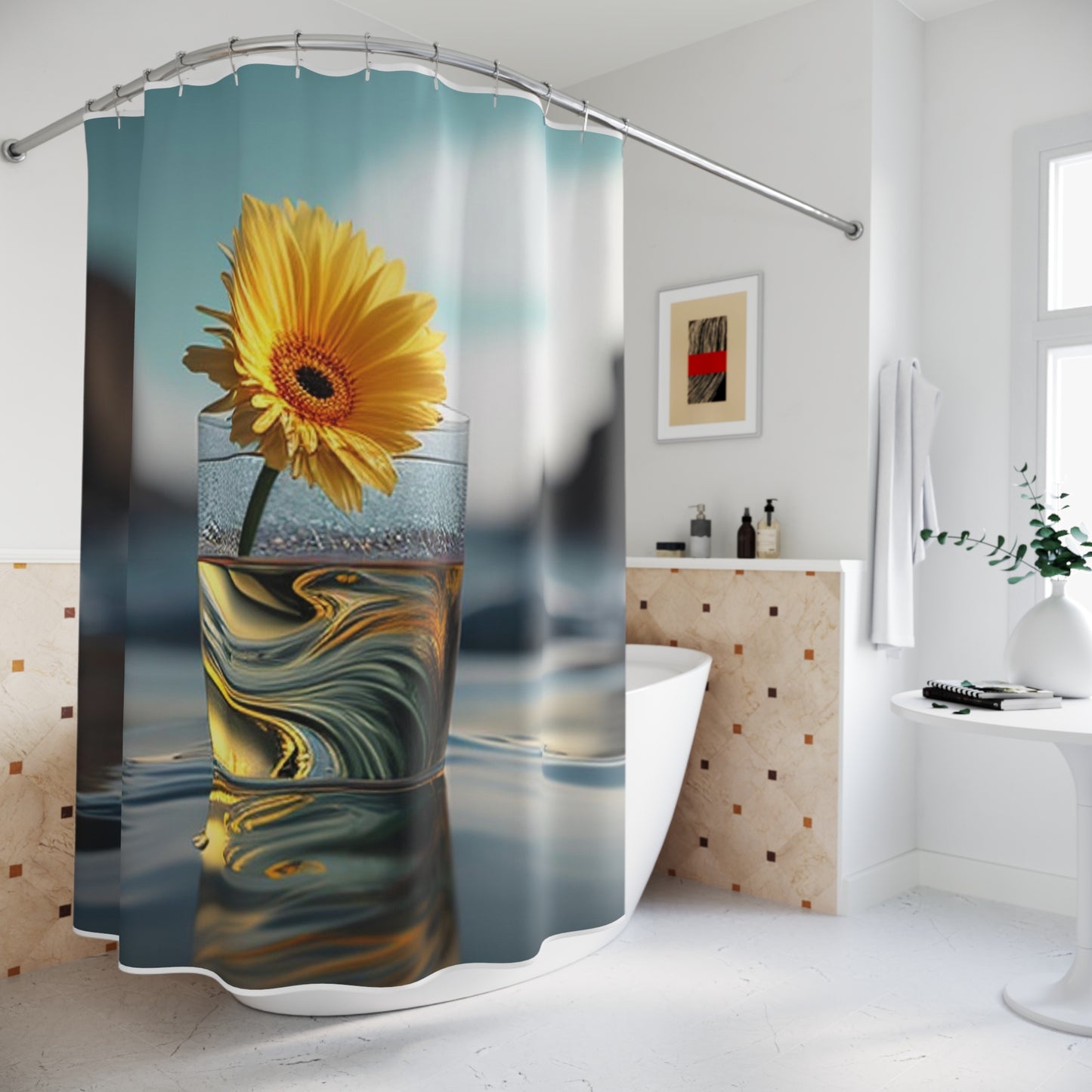 Polyester Shower Curtain yello Gerbera glass 2