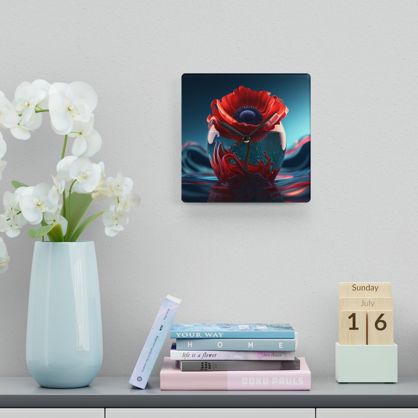 Acrylic Wall Clock Red Anemone in a Vase 2