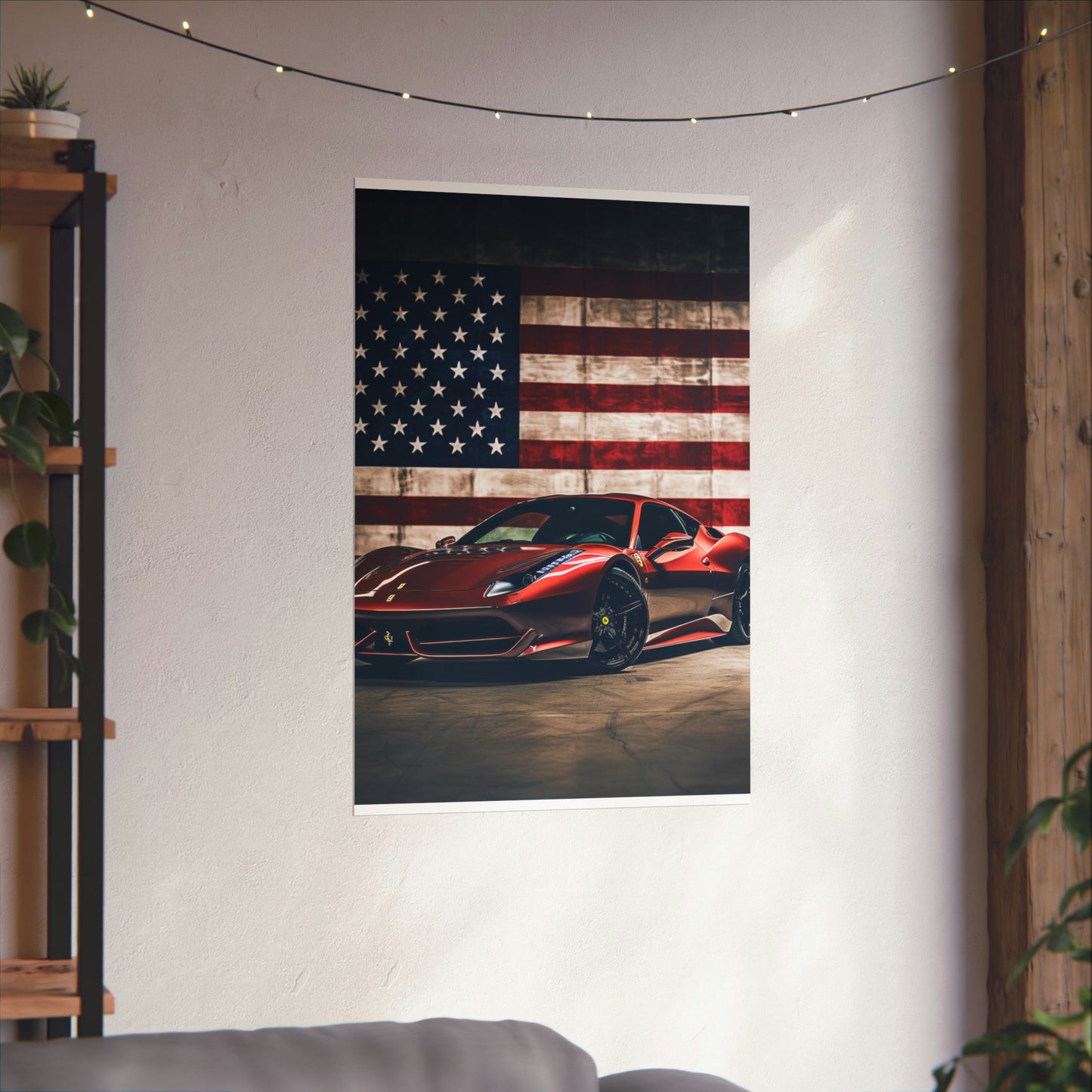 Premium Matte Vertical Posters American Flag Background Ferrari 4