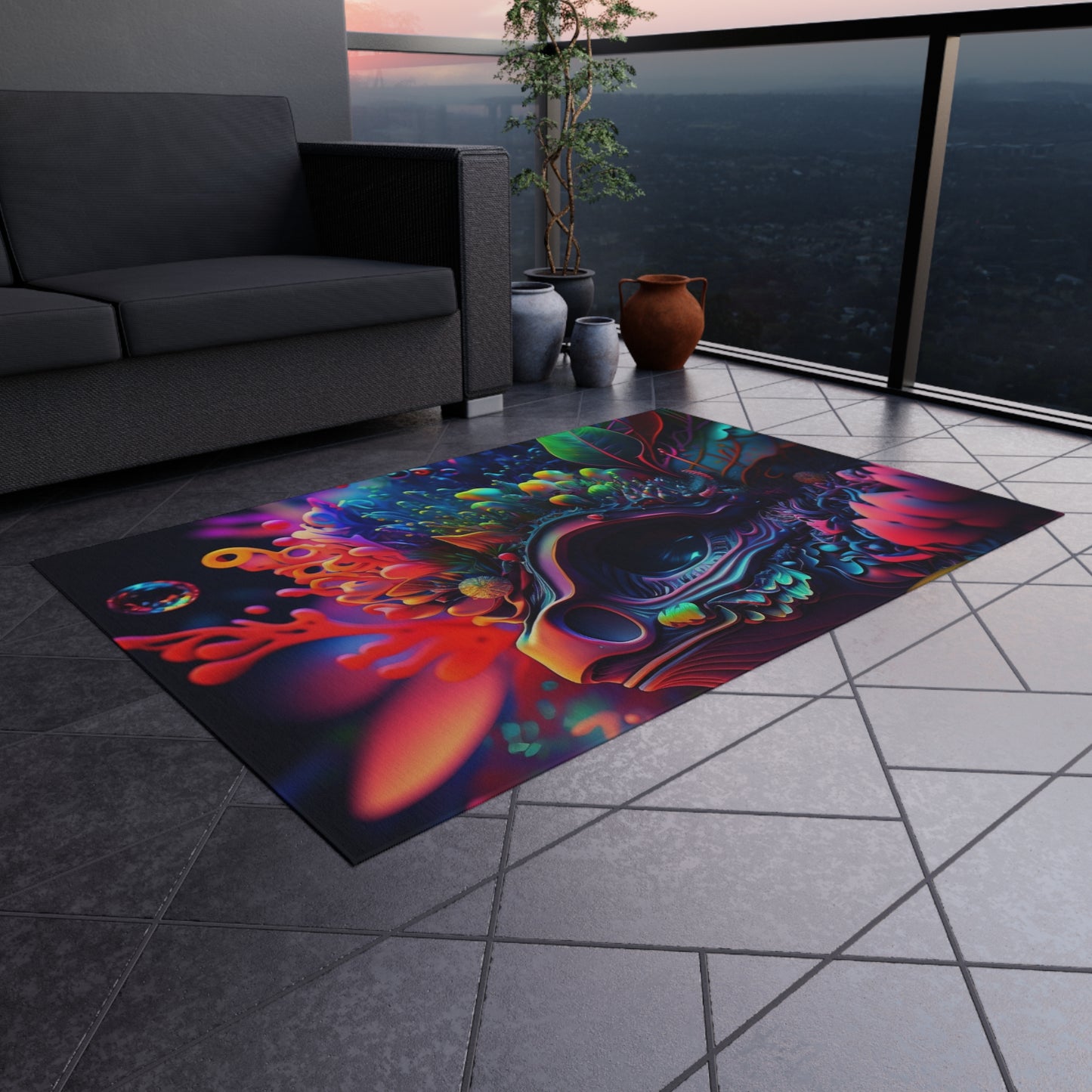 Outdoor Rug  Florescent Skull Death 2