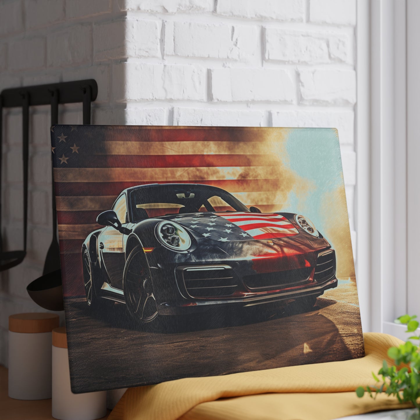 Glass Cutting Board Abstract American Flag Background Porsche 1