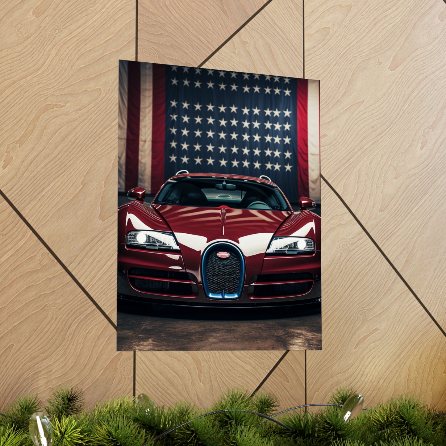 Premium Matte Vertical Posters American Flag Background Bugatti 1